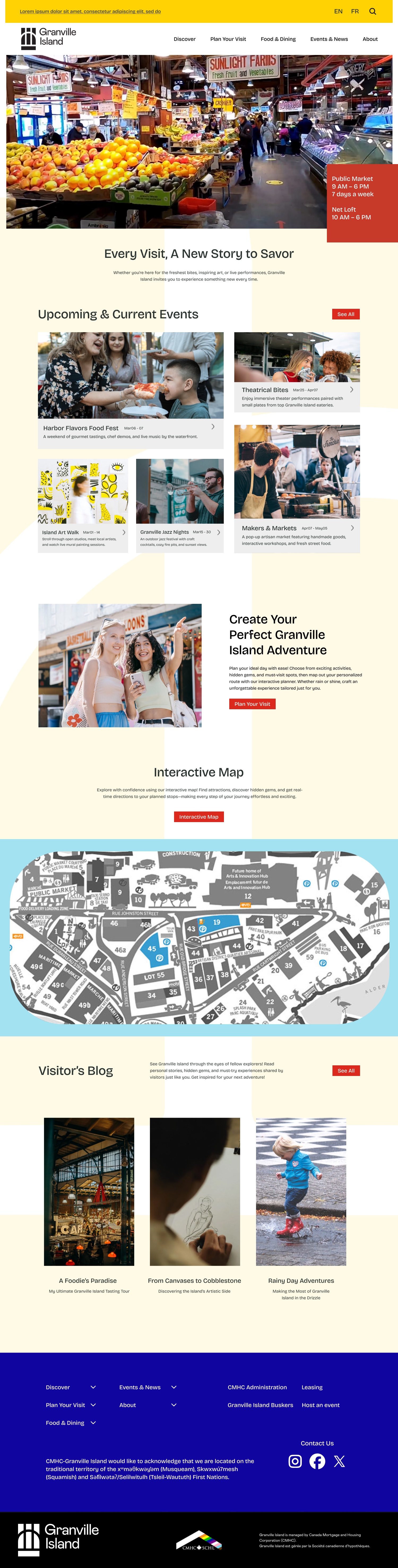 Complete Granville Island homepage design showing hero section, events, interactive map, and blog