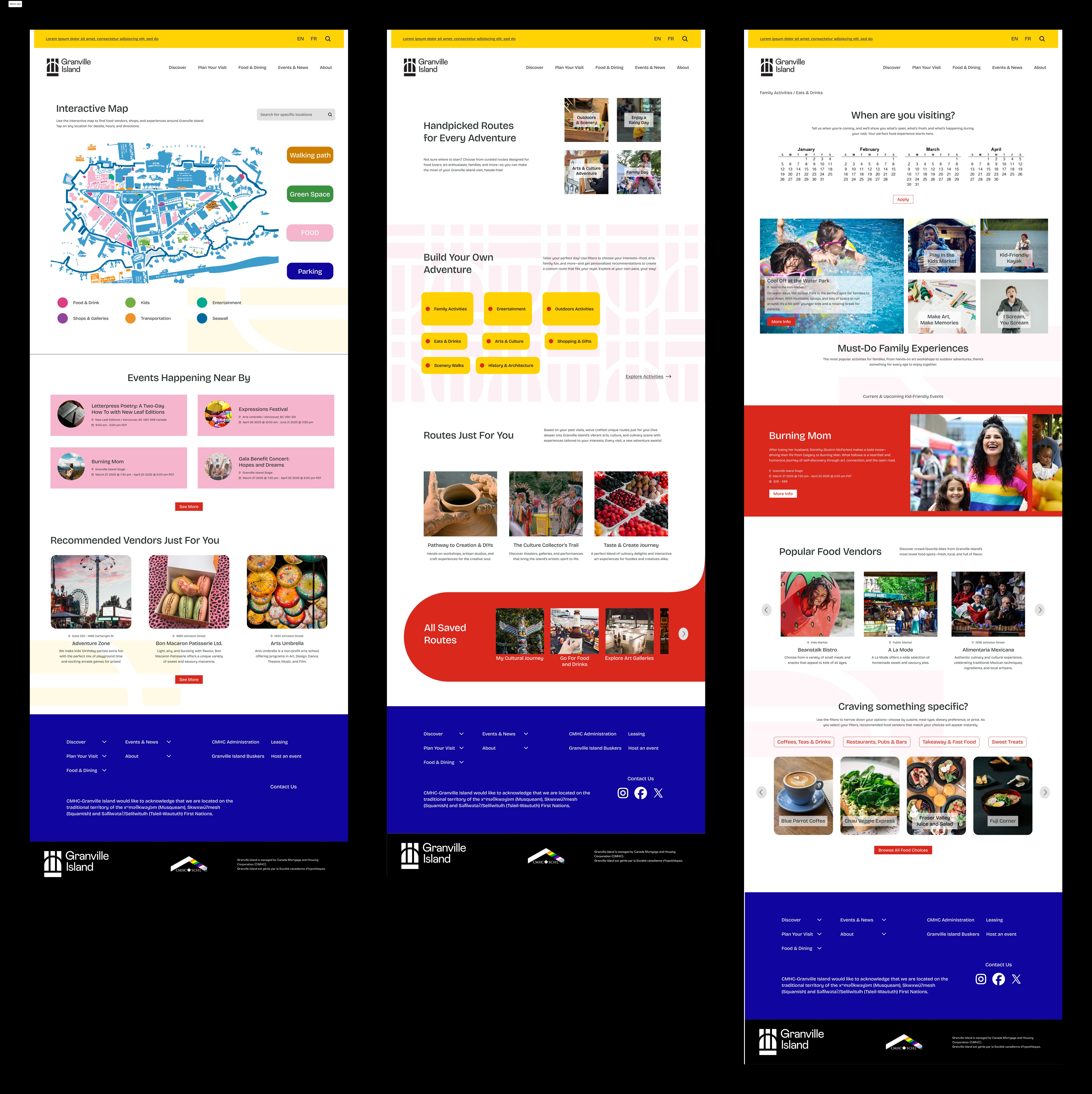 Multiple page layouts including interactive map, handpicked routes, and calendar interface