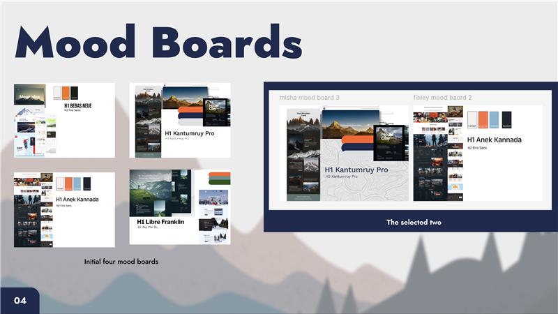 Kalmont mood boards showing design process and typography selection