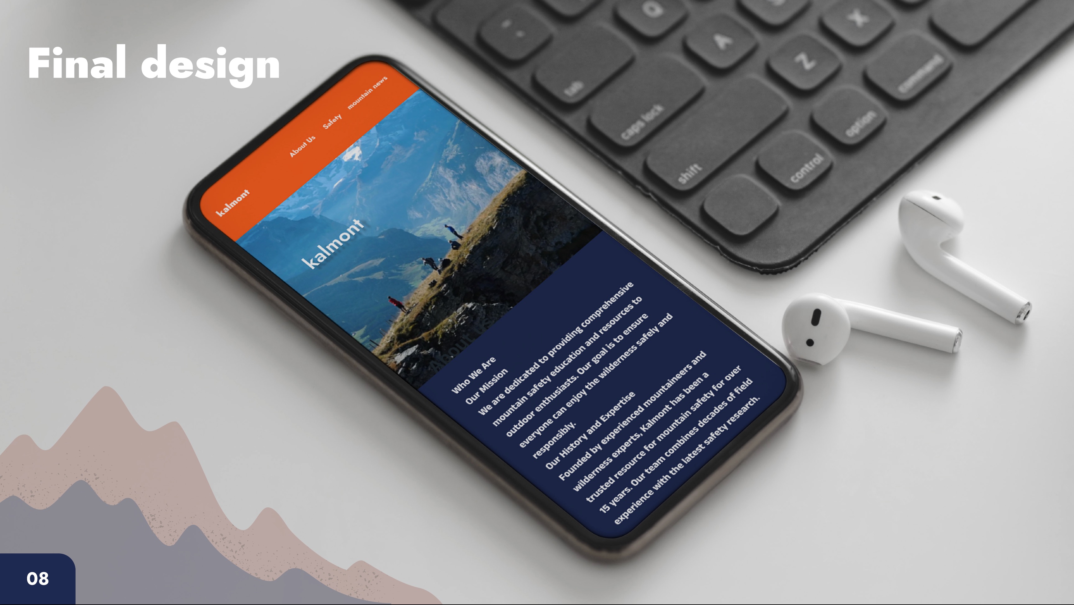 Kalmont final design - Mobile app mockup on desk with keyboard and AirPods