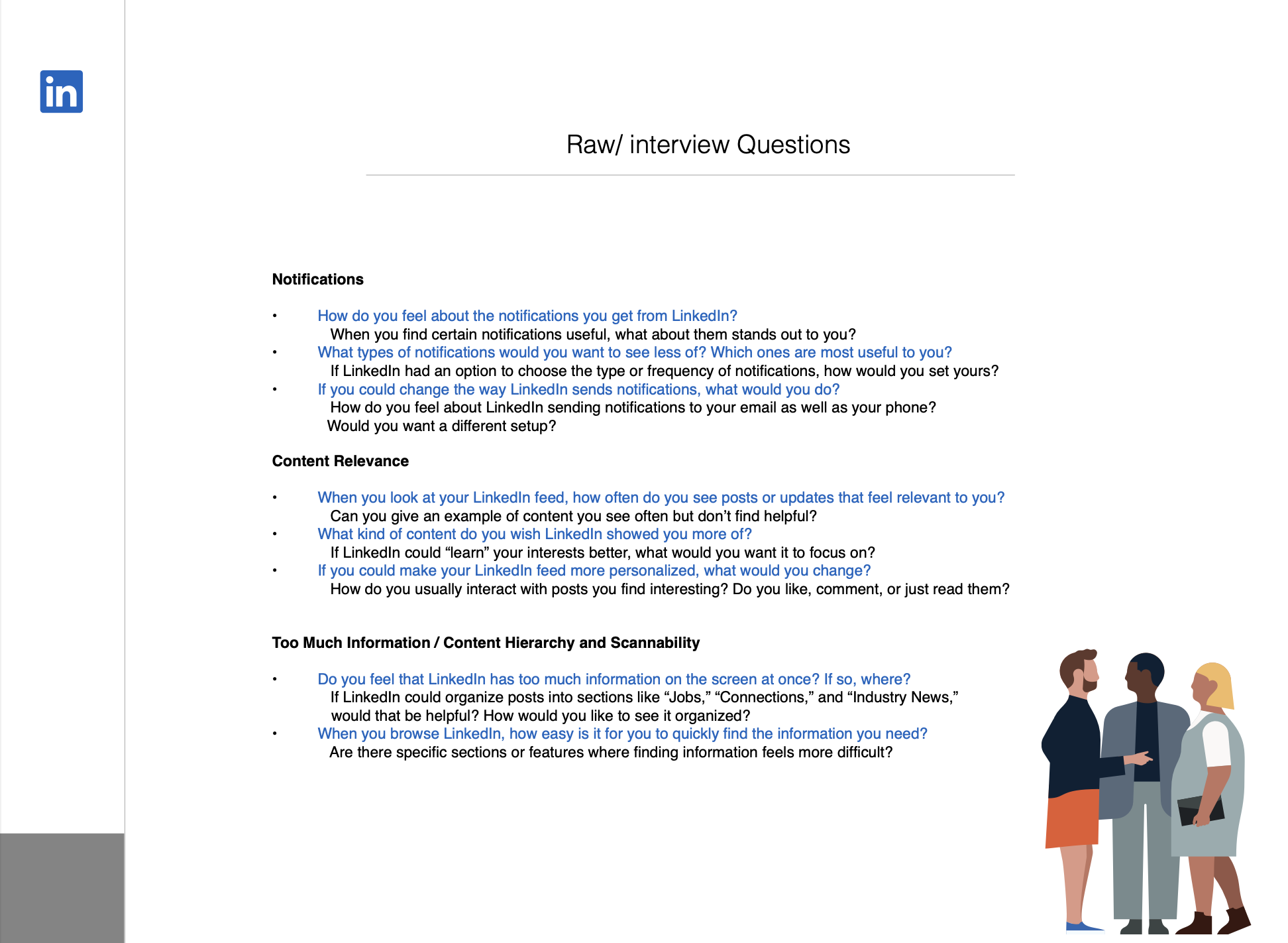 LinkedIn User Study Raw Interview Questions covering notifications, content relevance, and information hierarchy